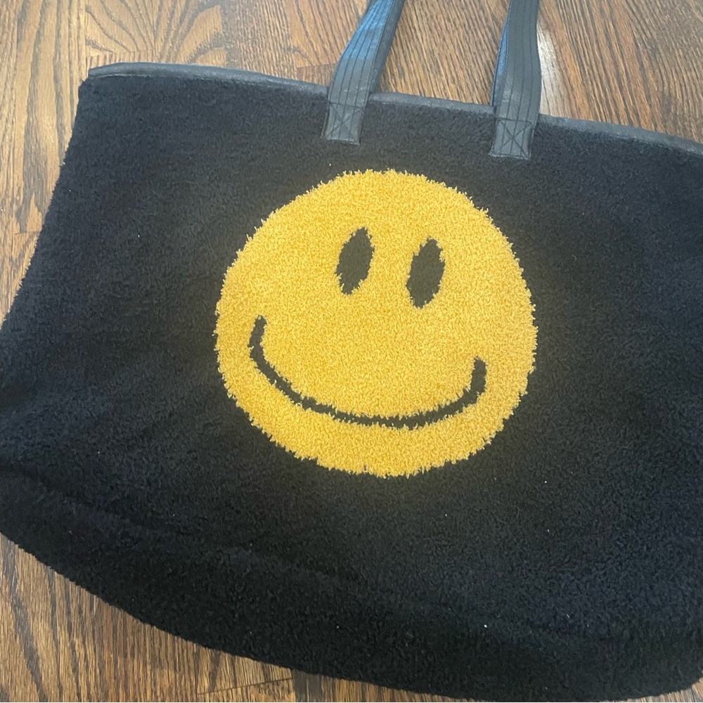 COMFYLUXE Smiley Sherpa Tote Black Fuzzy Canvas Lined Smile Face Bag - Picture 5 of 11